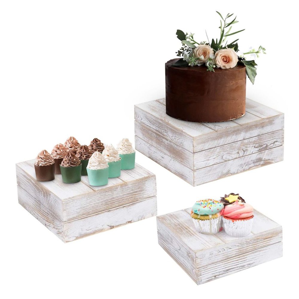 3pc Whitewashed Square Wood Stand